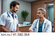 Oncologist conducts the patient reception in the hospital. grown-up athletic boy with long hairs take consult from medical specialist. Healthcare and wellness concept.. AI. Стоковое AI-изображение, AI-художник Sergey Grishin / Фотобанк Лори