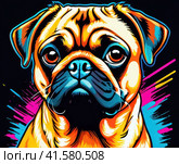 Bright drawing of a dog, Pug, on a T-shirt on a dark background. Satirical, pop art style, vibrant colors, iconic characters, action-packed, suitable for mascot or logo or reproduce on canvas. AI. Стоковое AI-изображение, AI-художник Sergey Grishin / Фотобанк Лори