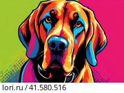 Bright drawing of a dog, bloodhound, on a T-shirt on a dark background. Satirical, pop art style, vibrant colors, iconic characters, action-packed, suitable for mascot or logo or reproduce on canvas. AI. Стоковое AI-изображение, AI-художник Sergey Grishin / Фотобанк Лори