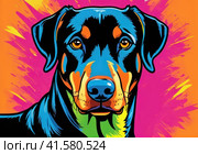 Bright drawing of a dog, doberman, on a T-shirt on a dark background. Satirical, pop art style, vibrant colors, iconic characters, action-packed, suitable for mascot or logo or reproduce on canvas. AI. Стоковое AI-изображение, AI-художник Sergey Grishin / Фотобанк Лори