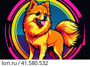 Bright drawing of a dog, pomeranian, on a T-shirt on a dark background. Satirical, pop art style, vibrant colors, iconic characters, action-packed, suitable for mascot or logo or reproduce on canvas. AI. Стоковое AI-изображение, AI-художник Sergey Grishin / Фотобанк Лори