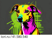 Bright drawing of a dog, whippet, on a T-shirt on a dark background. Satirical, pop art style, vibrant colors, iconic characters, action-packed, suitable for mascot or logo or reproduce on canvas. AI. Стоковое AI-изображение, AI-художник Sergey Grishin / Фотобанк Лори