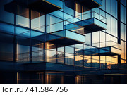 The modern facade of the building is made of glass. in the morning sun. Generated by AI. Стоковое AI-изображение, AI-художник Ярославский Максим / Фотобанк Лори