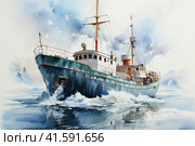 Ship among the ice, watercolor, Generative AI. Стоковое AI-изображение, AI-художник Анна Кривицкая / Фотобанк Лори