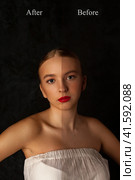 Before after retouching processing in editor, comparison photo teen girl model before and after retouch, cleaning skin. Portrait of teenager posing at shadow. Edited photo compared. Copy ad text space. Стоковое фото, фотограф Aleksandr Golubev / Фотобанк Лори