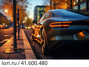 Electric Vehicle and Bus Charging Points. Shot of modern electric power charging station for EV, PHEV and HEV near store. Charging Station Electric Car Charging Station. Стоковое AI-изображение, AI-художник Ирина Михайличенко / Фотобанк Лори