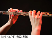 Hands of a woman musician with a flute on a studio black background. Flutist with a large concert transverse flute, close up. Стоковое фото, фотограф Андрей Журавлев / Фотобанк Лори