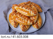 Pies (pirozhki) with cabbage. Homemade baking. Traditional Russian and Ukrainian cuisine. Close-up. Стоковое фото, фотограф Наталья Любина / Фотобанк Лори