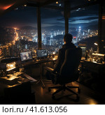 Tired businessman sitting at the computer at night, darkly lit modern luxury office overlooking the city at night,  Generative AI. Стоковое AI-изображение, AI-художник Анна Кривицкая / Фотобанк Лори