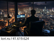Tired businessman sitting at the computer at night, darkly lit modern luxury office overlooking the city at night,  Generative AI. Стоковое AI-изображение, AI-художник Анна Кривицкая / Фотобанк Лори