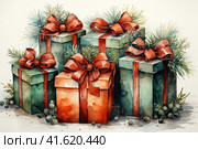 Boxes with Christmas gifts on a white background, watercolor,  Generative AI. Стоковое AI-изображение, AI-художник Анна Кривицкая / Фотобанк Лори