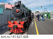 Советский пассажирский паровоз паровоз серии "Су" (Сормовский усиленный) в экспозиция ретро локомотивов на железнодорожном форуме "PRO//Движение.Экспо". Санкт-Петербург (2023 год). Редакционное фото, фотограф Виктор Карасев / Фотобанк Лори