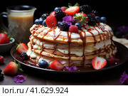 PANCAKE CAKE with berries,  Generative AI. Стоковое AI-изображение, AI-художник Анна Кривицкая / Фотобанк Лори