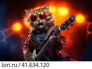 Cat rock star with guitar on stage, neon background. Стоковое AI-изображение, AI-художник Виктория Тельминова / Фотобанк Лори
