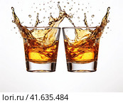Glasses with yellow liquid on a white background with splashes. Generated by AI. Стоковое AI-изображение, AI-художник Ярославский Максим / Фотобанк Лори