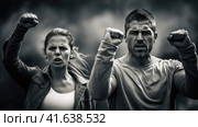 A man and a woman are fighting for their rights. Стоковое AI-изображение, AI-художник Кирилл Черезов / Фотобанк Лори
