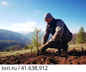 Environmental volunteers plant seedlings of spruce trees on the slopes of the mountains. Generated by AI. Стоковое AI-изображение, AI-художник Ярославский Максим / Фотобанк Лори