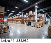 A large warehouse where various products are stored, a large store and a rack with a wide range of products and items. Generated by AI. Стоковое AI-изображение, AI-художник Ярославский Максим / Фотобанк Лори