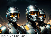 Portrait of three future astronauts on an unfamiliar planet. Стоковое AI-изображение, AI-художник Евгений Ткачёв / Фотобанк Лори