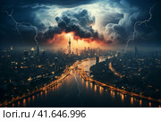 Strongest thunderstorm over a modern city. Lots of lightning in the sky,  Generative AI. Стоковое AI-изображение, AI-художник Анна Кривицкая / Фотобанк Лори