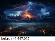Strongest thunderstorm over a modern city. Lots of lightning in the sky,  Generative AI. Стоковое AI-изображение, AI-художник Анна Кривицкая / Фотобанк Лори
