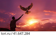A man and a pigeon in flight against the background of the setting sun.Generated by AI. Стоковое AI-изображение, AI-художник Ярославский Максим / Фотобанк Лори