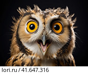 A young owl with big eyes and an open beak looks forward. Generated by AI. Стоковое AI-изображение, AI-художник Ярославский Максим / Фотобанк Лори