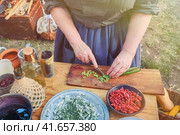 A woman prepares food in the camp of the pioneers of the wild West. Historical reconstruction of the life of the conquerors of North America. Стоковое фото, фотограф Андрей Журавлев / Фотобанк Лори