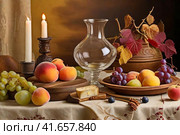 On a wooden table there is a glass of wine, bunches of grapes, peaches. Still life. Стоковое AI-изображение, AI-художник Сергей Елизарьев / Фотобанк Лори