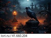 A black raven standing on a tombstone in glowy moonlight,  Generative AI. Стоковое AI-изображение, AI-художник Анна Кривицкая / Фотобанк Лори