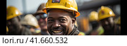 A confident and smiling staff of factory workers, engineers, managers and foremen stands on the territory of the heavy industry production plant. Generated by AI. Стоковое AI-изображение, AI-художник Ярославский Максим / Фотобанк Лори