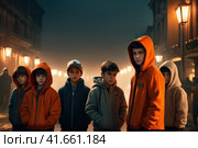 Teenage Boy Outdoors At High School Being Teased Or Bullied. Aggressive teenage street gangs or groups. AI. Стоковое AI-изображение, AI-художник Sergey Grishin / Фотобанк Лори