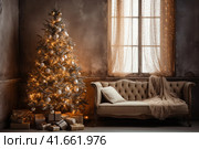 Сozy stylish living room with sofa, pillow and plaud, curtains with luminous garlands on lagre window. Decorated christmas tree, gift boxes on the floor, new year home decor. Стоковое AI-изображение, AI-художник Оксана Гильман / Фотобанк Лори
