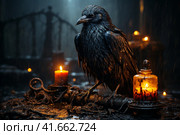 A black raven standing on a tombstone in glowy moonlight,  Generative AI. Стоковое AI-изображение, AI-художник Анна Кривицкая / Фотобанк Лори