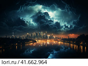 Strongest thunderstorm over a modern city. Lots of lightning in the sky,  Generative AI. Стоковое AI-изображение, AI-художник Анна Кривицкая / Фотобанк Лори