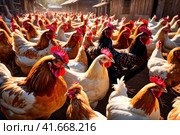 Multi-colored Hens waiting for the morning food. Chickens feeding time. Concept image for organic chicken industry, countryside, farms, food, hen eco farming, lifestock, rooster. AI. Стоковое AI-изображение, AI-художник Sergey Grishin / Фотобанк Лори