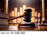 Legal law concept image, court gavel, law and authority concept. The gavel of a judge or decision-maker to authority about business, justice, or the law for a court proceeding.. AI. Стоковое AI-изображение, AI-художник Sergey Grishin / Фотобанк Лори