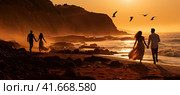 Front view of a young couple walking along the seashore against the background of the sunset sea. Generated by AI. Стоковое AI-изображение, AI-художник Ярославский Максим / Фотобанк Лори