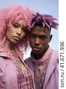 An African young couple in pink suits with an unusual hairstyle look at the camera. Generated by AI. Стоковое AI-изображение, AI-художник Ярославский Максим / Фотобанк Лори