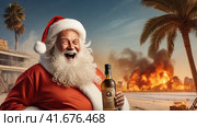 Portrait of laughing Santa Claus against the background of fire and destruction. .AI. Стоковое AI-изображение, AI-художник Виктория Кольцова / Фотобанк Лори