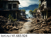The city after the earthquake, houses destroyed after the war, dirt on the streets,    Generative AI. Стоковое AI-изображение, AI-художник Анна Кривицкая / Фотобанк Лори