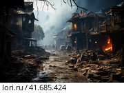 The city after the earthquake, houses destroyed after the war, dirt on the streets,    Generative AI. Стоковое AI-изображение, AI-художник Анна Кривицкая / Фотобанк Лори