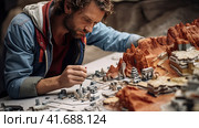Geographer exploring the terrain on the model. Стоковое AI-изображение, AI-художник Кирилл Черезов / Фотобанк Лори