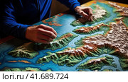 Geographer exploring the terrain on the model. Стоковое AI-изображение, AI-художник Кирилл Черезов / Фотобанк Лори