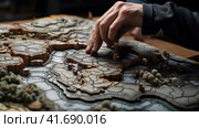 Geographer exploring the terrain on the model. Стоковое AI-изображение, AI-художник Кирилл Черезов / Фотобанк Лори
