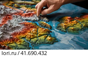 Geographer exploring the terrain on the model. Стоковое AI-изображение, AI-художник Кирилл Черезов / Фотобанк Лори