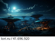 Silhouettes of satellite dishes or radio antennas against the night sky. Space observatory. ,    Generative AI. Стоковое AI-изображение, AI-художник Анна Кривицкая / Фотобанк Лори