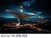 Silhouettes of satellite dishes or radio antennas against the night sky. Space observatory. ,    Generative AI. Стоковое AI-изображение, AI-художник Анна Кривицкая / Фотобанк Лори