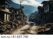 The city after the earthquake, houses destroyed after the war, dirt on the streets,    Generative AI. Стоковое AI-изображение, AI-художник Анна Кривицкая / Фотобанк Лори