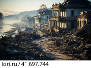 The city after the earthquake, houses destroyed after the war, dirt on the streets,    Generative AI. Стоковое AI-изображение, AI-художник Анна Кривицкая / Фотобанк Лори